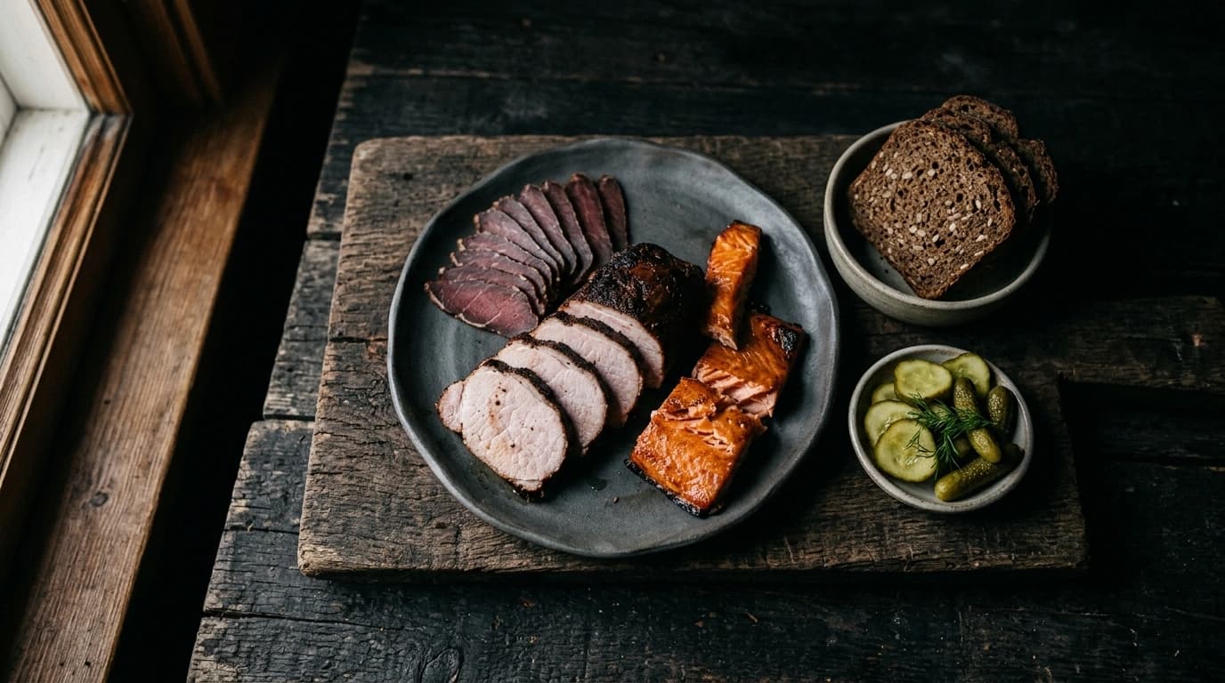 Charkbricka för två: tre sorters rökt kött, inläggningar, bröd
